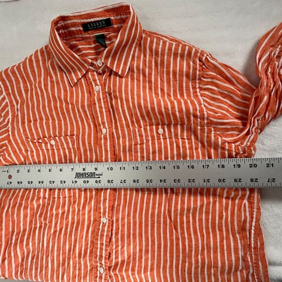 Lauren Ralph Lauren Womens Orange & White Striped Linen Button-Up Shirt Large - Picture 5 of 6